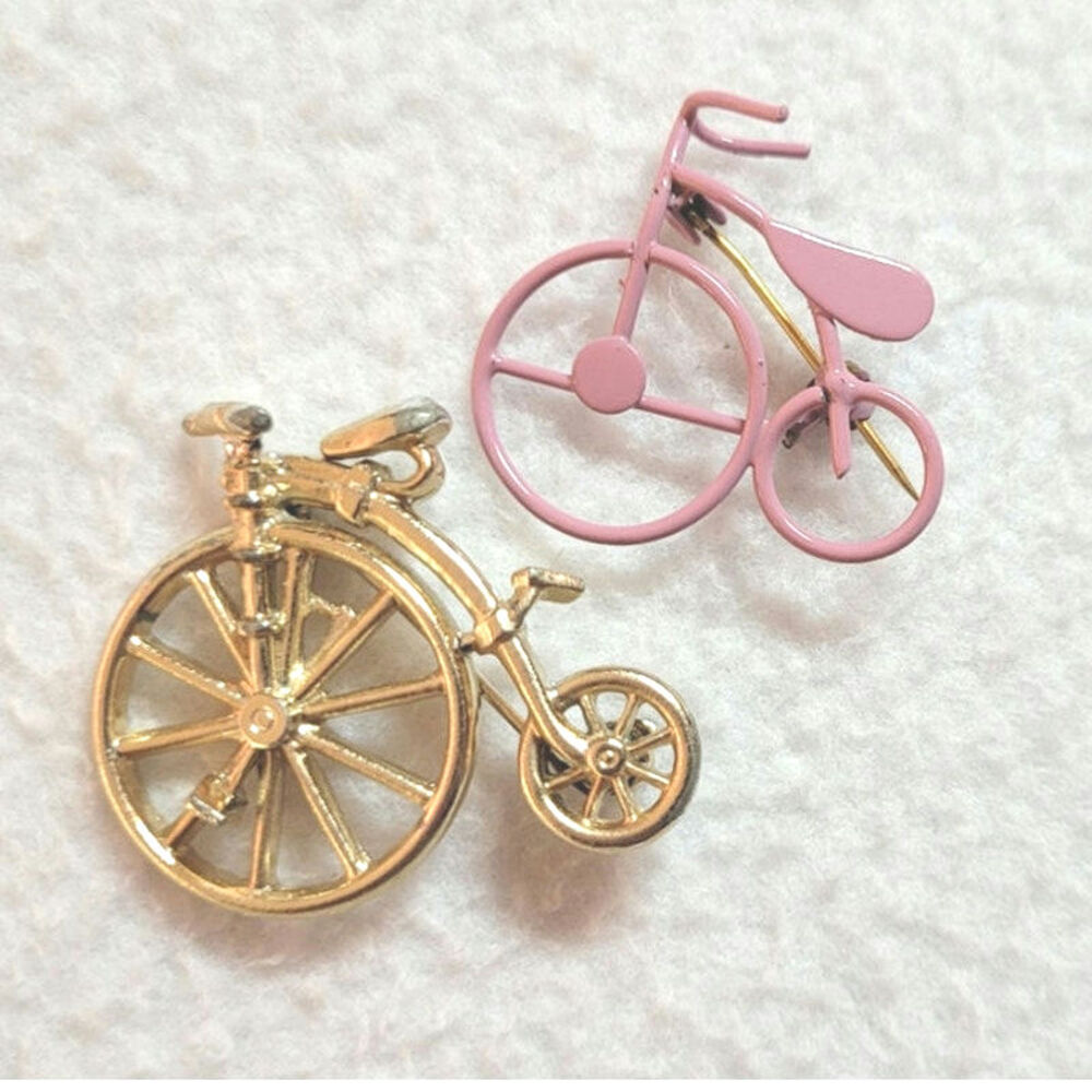 Vtg 2 Pc Lot Bicycle Brooch Pin Victorian Penny Farthing Goldtone Pink Enamel